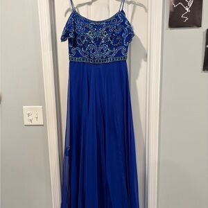 Beaded Royal Blue Cold Shoulder Maxi Dress